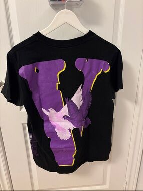 VLONE Black Tee with Purple V and Yellow Outline Featuring Purple & White Doves
